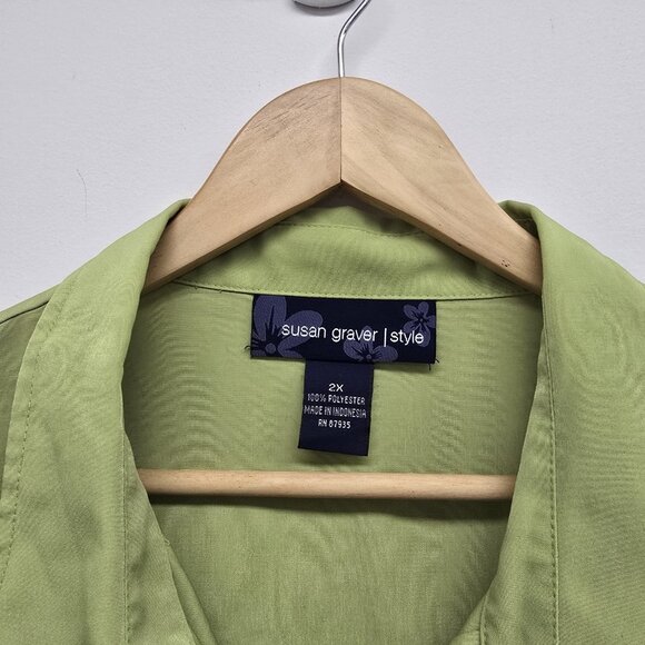 Susan Graver Style Short Sleeve Button Up Blouse Top Womens 2X Green Casual - Picture 3 of 7